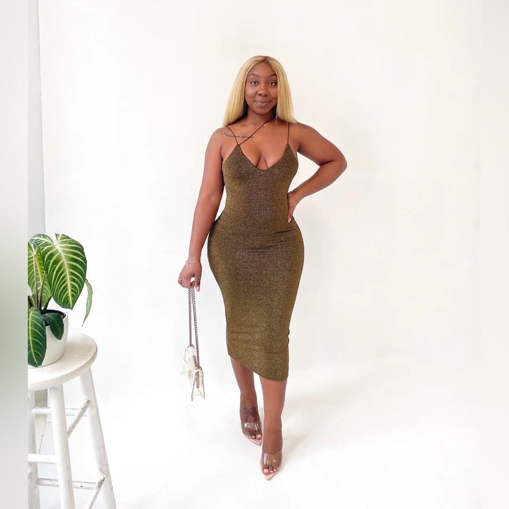 Soulful Strut Shimmer Midi Dress in Gold